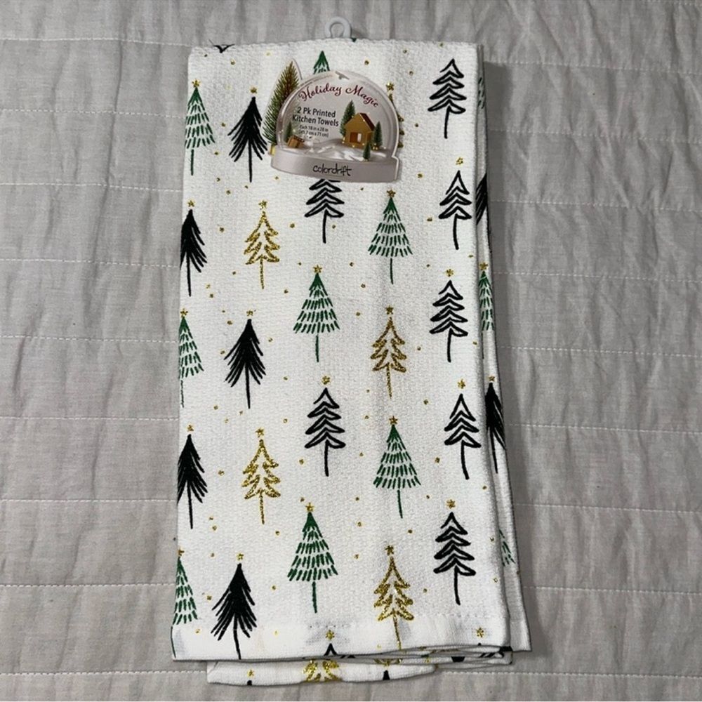colordrift 2 pack Christmas Tree White Gold Metallic Green Cotton Kitchen Towels